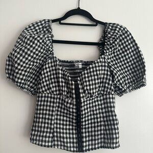 Reformation Black and White Checkered Puff Sleeve Blouse